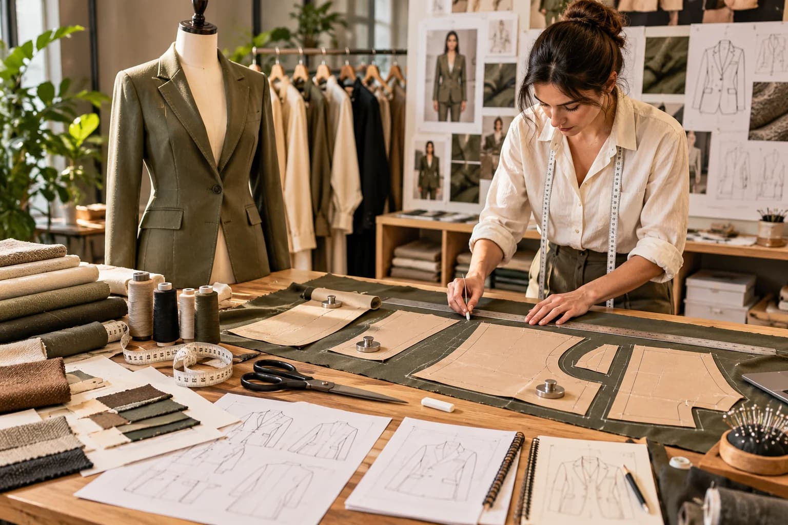 Fashion production preparation with garment pattern pieces, fabric, measurements and tailoring tools