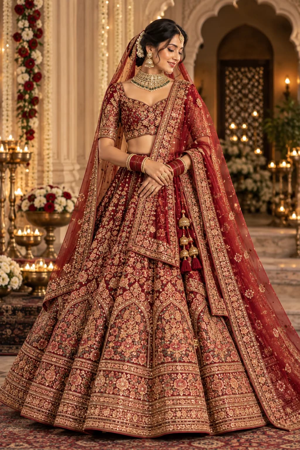 Bridal lehenga visualization with wedding styling, dupatta and traditional jewelry