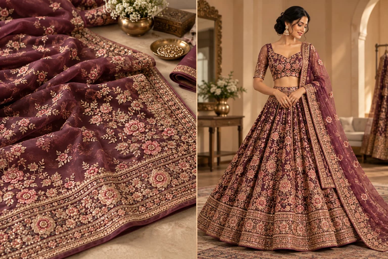 Embroidered fabric transformed into a coordinated finished lehenga fashion visualization