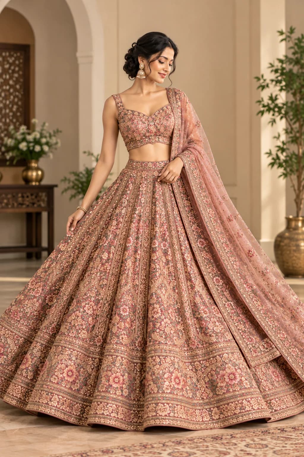 Full lehenga silhouette showing skirt flare, blouse proportion and dupatta styling