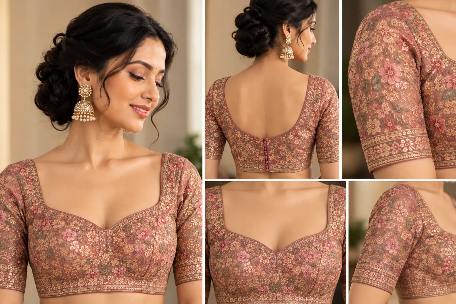 Saree blouse style reference showing neckline, sleeves, back design and embroidery details