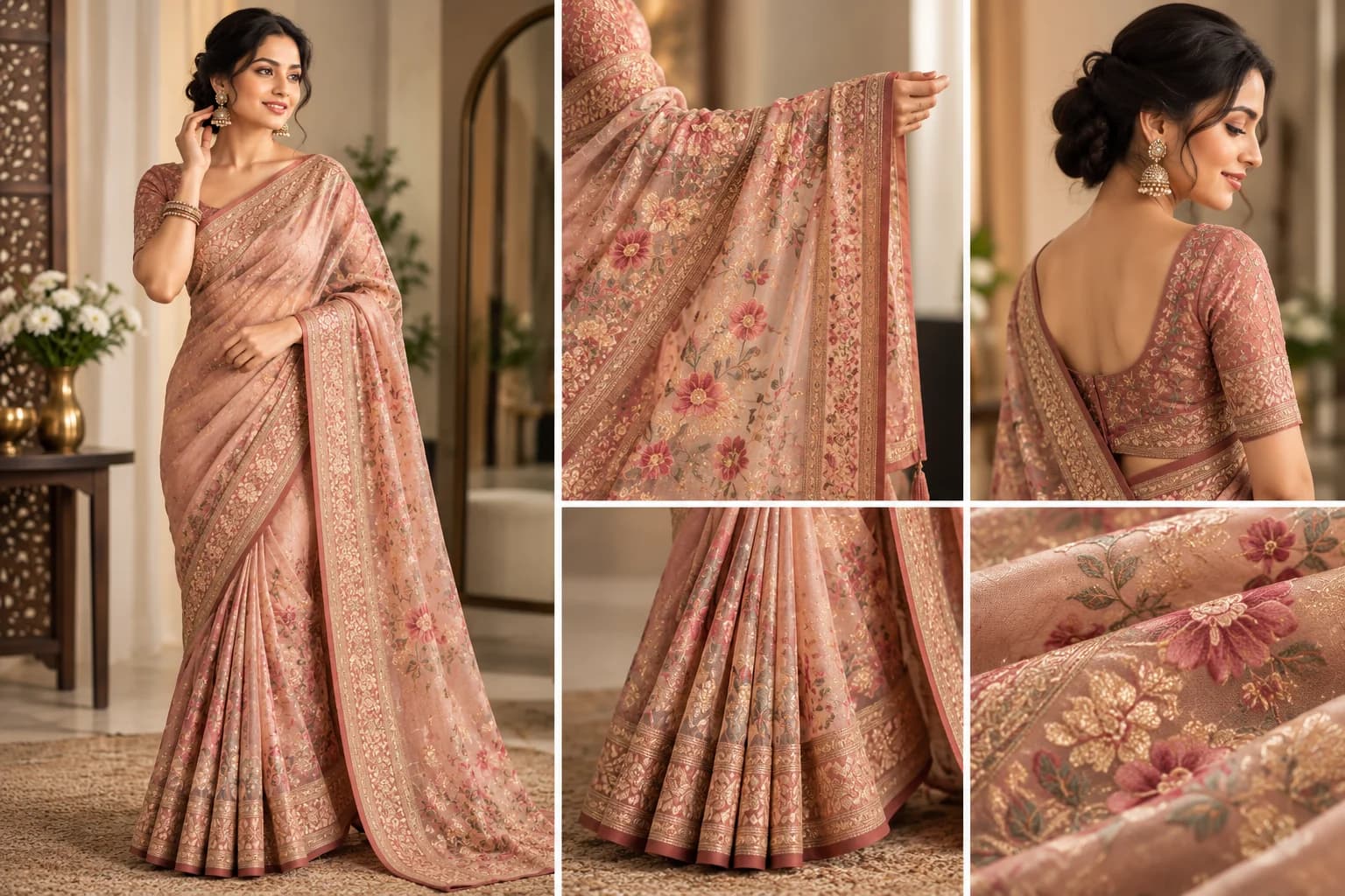 Saree drape details showing pallu, pleats and decorative border