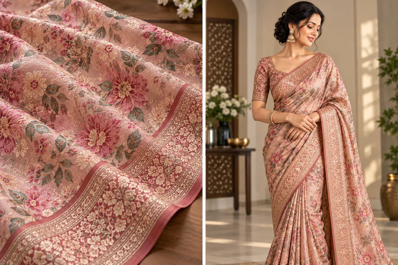Saree fabric transformed into a coordinated finished saree fashion visualization