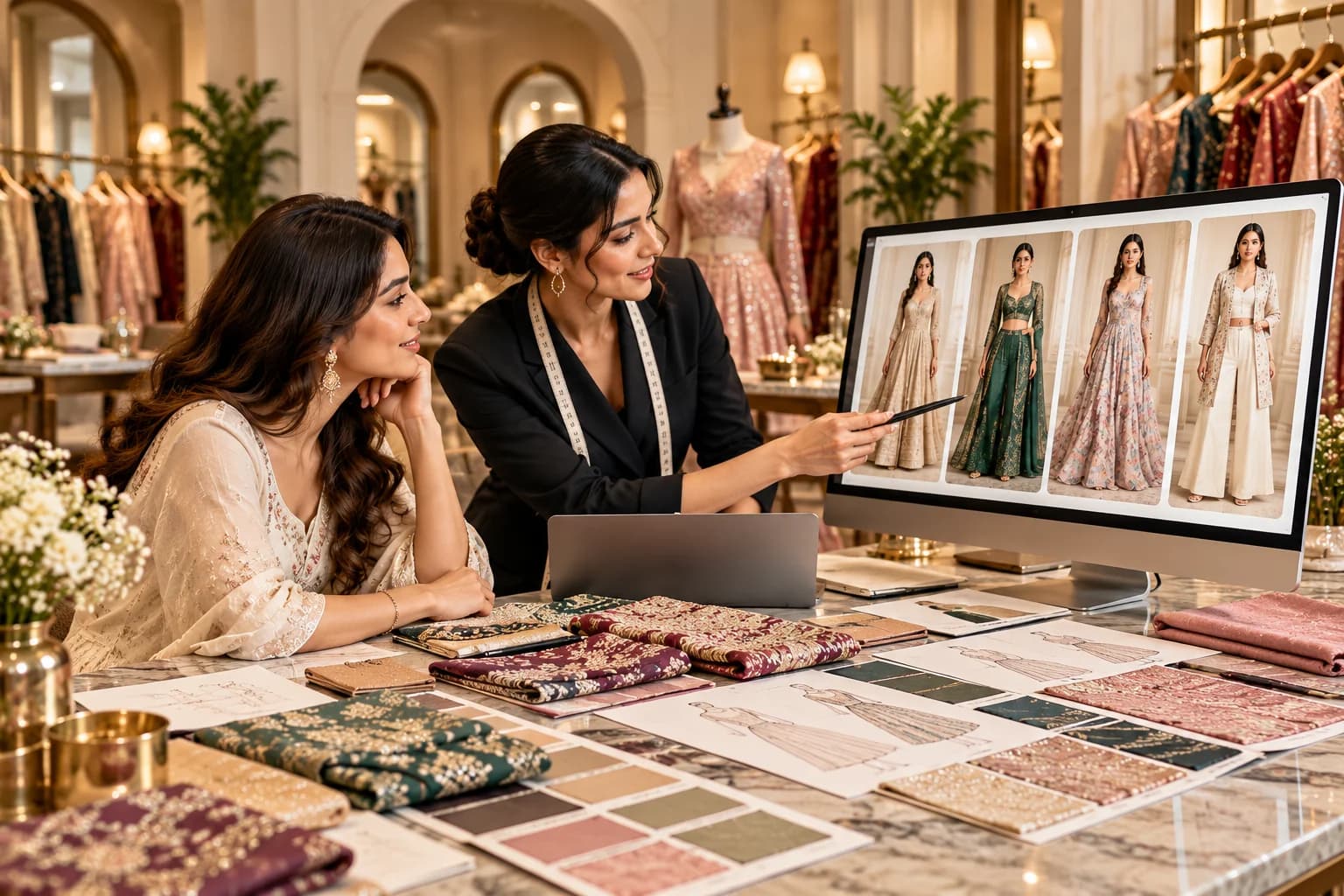 Boutique owner and customer exploring an AI fashion concept