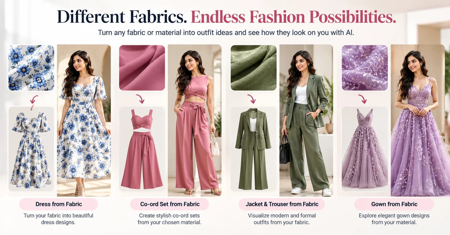 Different fabrics visualized as dresses, co-ord sets, tailored outfits and gowns